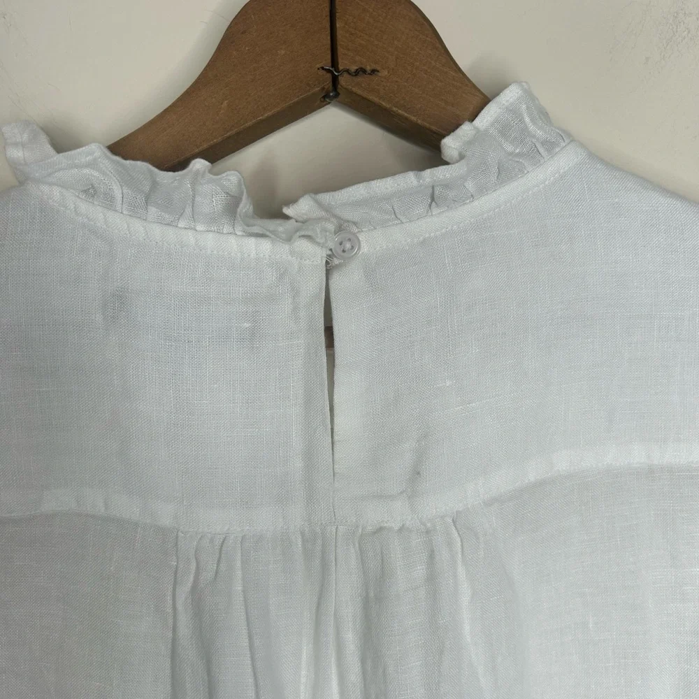 J Crew White Crisp Linen Blouse Size M High Ruffled Neck and Sleeves Romantic - Picture 7 of 8